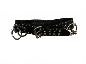 Vintage schwarzer Ledergürtel Y2K Steampunk Goth Moto Nieten Ketten O-Ringe  - Bild 1 von 8