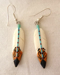 Navajo Carved Deer Bone 2.25" Earrings Hand-Painted Snake Design Feather Shape - Picture 1 of 3