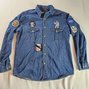 Custom Patched Denim Shirt Jacket St Johns Bay - NASA, UFO's, Star Wars, Daddy - Bild 1 von 12