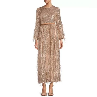 ANTONIO MELANI x Nicola Bathie Rose Gold Sequin Maxi Dress Feather Formal Size 2 - Image 1 of 4