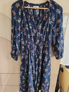 Style & Co Marineblau Blumen bestickt Boho Midikleid Damen M V-Ausschnitt Gürtel Indien - Bild 1 von 10