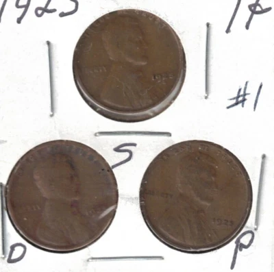 1925-D+P+S Circulated Business Strike Three Copper One Cent Coins! #1 - Image 1 of 2