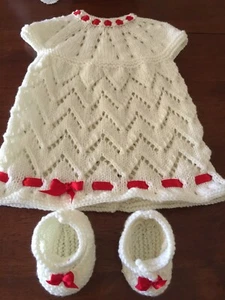 Hand knitted baby dress ,cream in colour knitted in soft cotton - Picture 1 of 4