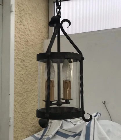 French Lantern Pendant Porch Ceiling Light Fixture Round ￼￼Cylinder Wrought Iron Cover