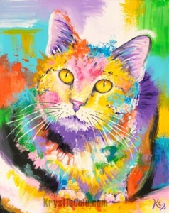 Katze Kunstdruck - buntes Katzengemälde von Krystle Cole - Bild 1 von 5