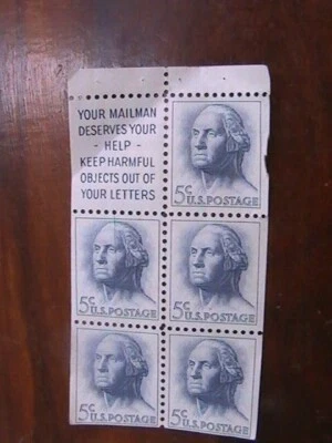 U.S. BKLT PANE OF 5 SCOTT #1213a 1962-64 5ct WASHINGTON YOUR MAILMAN DESERVES  - Image 1 of 2