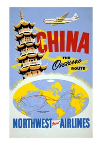 CHINA THE OVERLAND NORTWEST AIRLINES TIRAGE D'UN DESSIN ANNÉES 1950 FORMAT A4 - Imagen 1 de 1