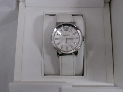 Reloj Swarovski Piazza tono plata correa de cuero blanco para mujer hecho en Suiza 100064 Foto 1 de 4