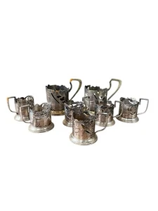 Antique Silver Tea Glass Cup Holder Set Of 8 - Picture 1 of 10