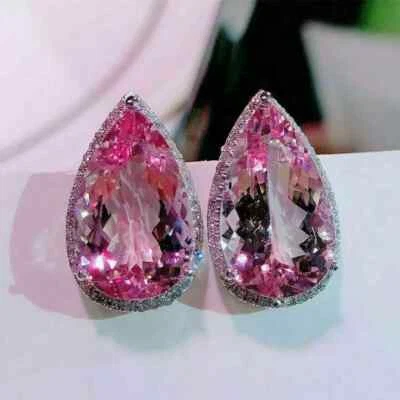 4Ct Pear Lab Created Sapphire & Diamond Halo Stud Earrings 14K White Gold Plated - Image 1 of 4