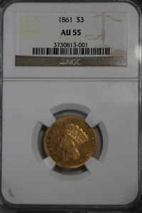 1861 G3.00 NGC AU 55 $3 Gold, Three Dollar Gold - Picture 1 of 2