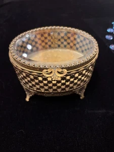 Vintage Messing filigran verziert oval Glas Schmuck Schmuckschatulle - Bild 1 von 10