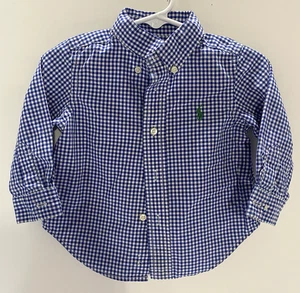 Ralph Lauren Baby Boys 12M Blue Gingham Check Button Down Shirt Long Sleeve Pony - Picture 1 of 9