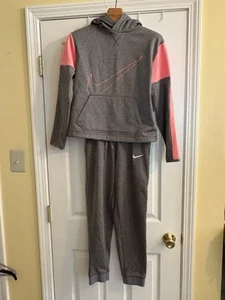 NIKE Dri Fit YOUTH (Girl) XL Hoodie Large Sweatpant Set Gray W/Peach Accent - Picture 1 of 10