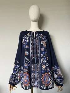 Chico's Größe 3 US 16 marineblau Blumenmuster Quaste Bluse Damen Boho Bauern Top - Bild 1 von 15