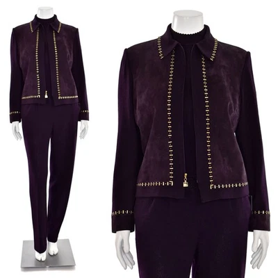 St John 3Pc Pantsuit sz 12/8 Aubergine Suede/Santana Knit Jacket Top & Pant Suit - Image 1 of 4