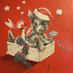 Vintage Weihnachtskarte Hund Art Deco schwarz Scottie Airedale Terrier Welpenkorb - Bild 1 von 7
