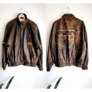 Chaqueta de cuero marrón vintage Adidas juegos de invierno 1932 - Imagen 1 de 11