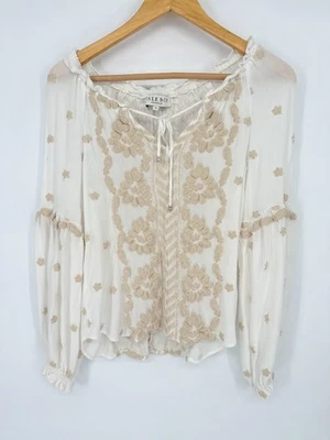 Top Pullover Hale Bob para Mujer Cuello en V Corbata Talla Pequeña Boho Artístico Campesino Blanco Tostado Foto 1 de 4