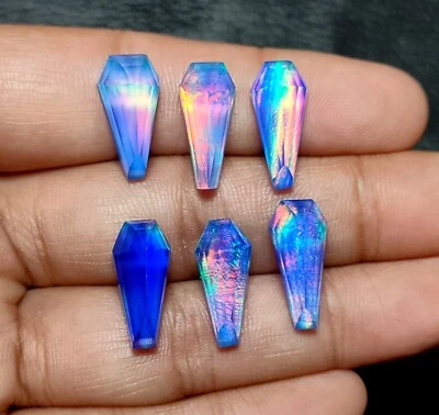 Blue Aurora Opal Doublet, Aurora Fire Opal Step Cut Coffin Cabochon, 18x8 MM - Image 1 of 4