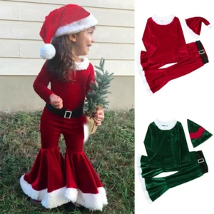 Toddler Baby Kids Girls Christmas Cosplay Patchwork Tops Pants Hat Belt Outfits - Picture 1 of 14