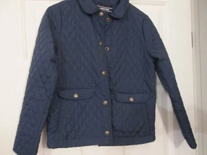 Lands' End Little Girls Sz. 7-8 Navy Blue Quilted Snap-Front Jacket Pockets - Picture 1 of 19