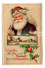 Postcard Santa, Gel,Christmastide,Red Cap,Toy Bag,Holly,Unsmiling,Series 2547