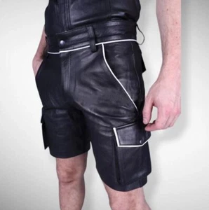 Men's Black Leather Shorts Soft Sheepskin Slim Fit Cargo Stylish Shorts Pant - Picture 1 of 7