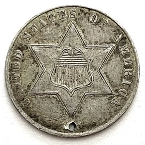1861 Type 3 3C Three Cent Silver Piece: Holed - Picture 1 of 2