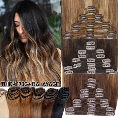 ELAILITE CLEARANCE Balayage 100% Real Remy Clip In Human Hair Extensions Thick Full Head