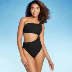 Shade & Shore Womens Ribbed 1-Shoulder Cut-Out Cheeky 1 Piece Swimsuit Black L - Picture 1 of 20