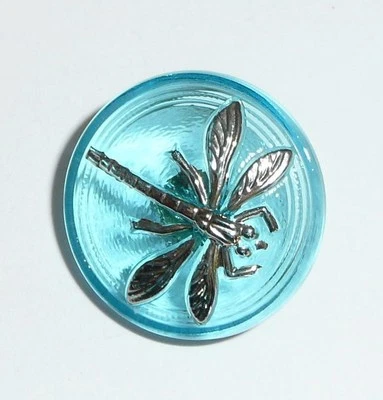 Small Beautiful Aqua Blue Czech Glass Silver Colored Dragonfly Shank Button 18mm - Image 1 of 4