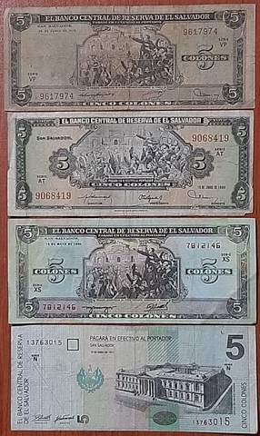 EL SALVADOR 5 COLONES IN 4 DIFFERENT DSIGNS FROM 1976 TO 1998 Cover