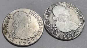 2 REALES 1807 CN + 1789 MF ANTIQUE SILVER COINS CHARLES IIII 2R RARE ANTIQUE