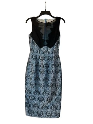 Vestido Vaina Thomas Wylde Talla 2 Azul Negro Estampado Hasta la Rodilla Encaje Escote Foto 1 de 4