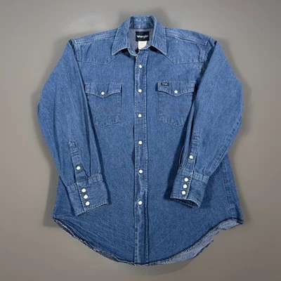 Wrangler Shirt Mens Medium Denim Western Pearl Snap Long Sleeve Cowboy Cut Rodeo - Image 1 of 4