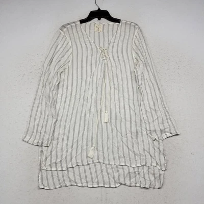 Camisa Billabong Mujer Grande Blanca Rayas Túnica Boho Borlas Campesina Top Blusa Foto 1 de 4