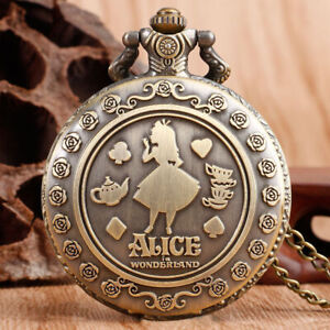 Vintage Alice in Wonderland Flower Girl Women Quartz Pocket Watch Gift Necklace