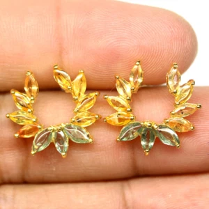 Heated Fancy Color Sapphire Earrings 925 Sterling Silver 18K Gold Plated - Picture 1 of 4