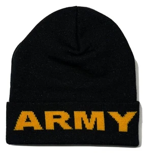 Made In USA Kids Youth Army Black Yellow Knit Beanie Hat Cap - Picture 1 of 2