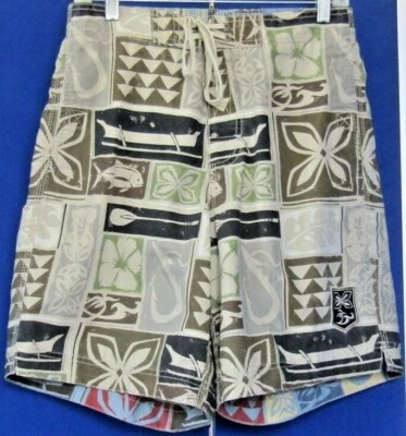NUEVO CON ETIQUETAS $68 HONOLUA Signature Print BOARD SHORTS Traje de Baño MARRÓN con LOGOTIPO Talla M 3 bolsillo Foto 1 de 4