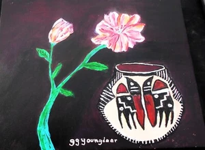 Acoma Typ Schale & Blume 11x14 Leinwand Acryl von gg Youngdeer Cherokee - Bild 1 von 2