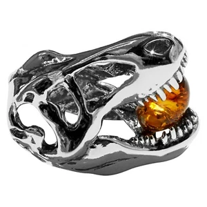 925 Solid Sterling Silver Honey Baltic Amber Jurassic Park T-Rex Slider Pendant - Picture 1 of 11