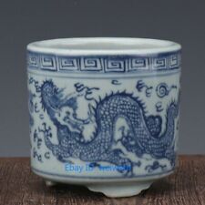 China antique Porcelain Ming wanli blue white hand painting dragon Pen container
