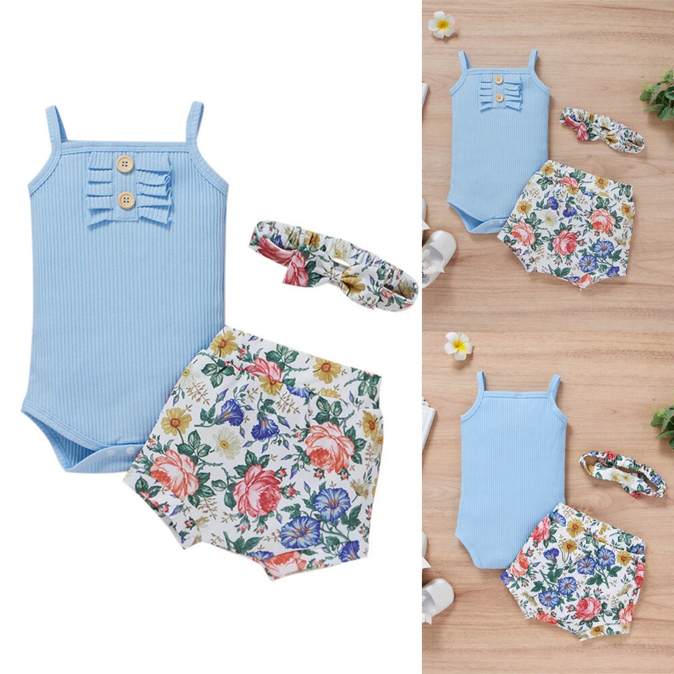 Recién Nacido Bebé Niña Trajes de Verano Halter Floral Mameluco Pantalones Cortos Diadema Ropa Foto 1 de 4