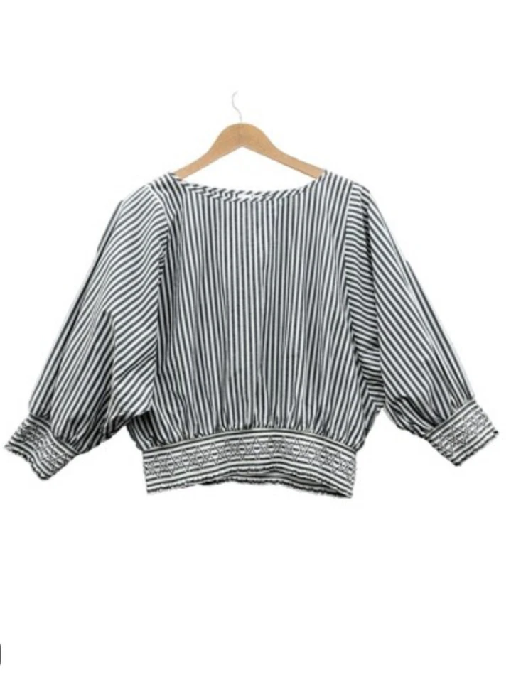 Gap женщин темно-синий и белый в полоску верхний со сборками кромки и манжеты Sz L - Изображение 1 из 4