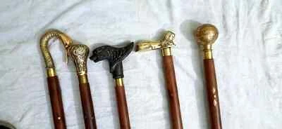Lot Of 5 Pcs Handmade Gift Antique Walking Stick Wooden Cane Solid Brass Handle - Image 1 of 4