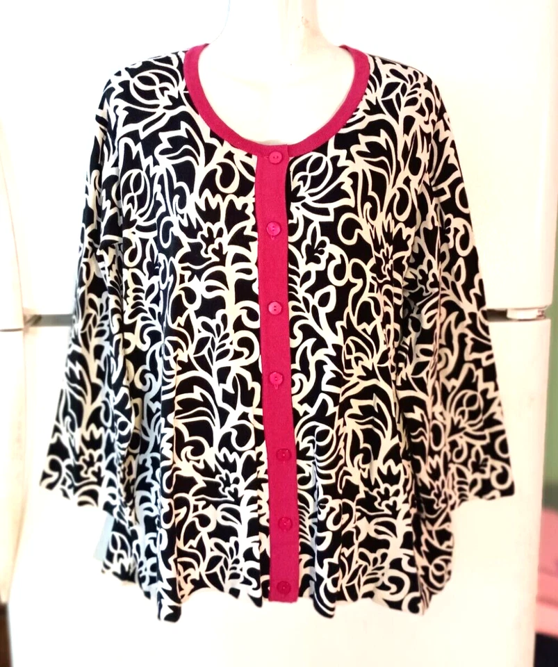 NEW INVESTMENTS II BLACK SCROLL FLORAL DARK PINK TRIM LIGHTWEIGHT SWEATER 3X NWT - Image 1 of 4