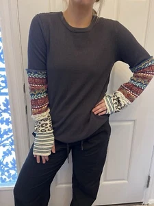 NWT Free People All In The Cuff Navy Combo Long Sleeve Waffle Knit Shirt L Blue - Picture 1 of 6