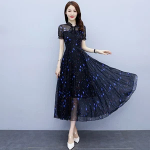 Vestido midi floral de chifón para damas manga corta calce ajustado fiesta de verano elegante elegante - Imagen 1 de 12